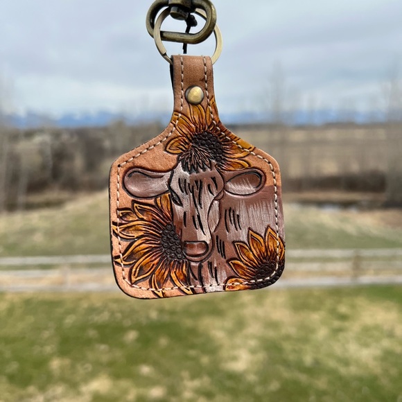 Hand-Tooled Leather Bovine Cow Boho Summer key chain fob gift yellow New Western - Picture 4 of 6